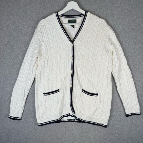 Lauren Ralph Lauren Womens Large Cable Knit Cardigan Sweater White Blue Trim - Picture 1 of 6